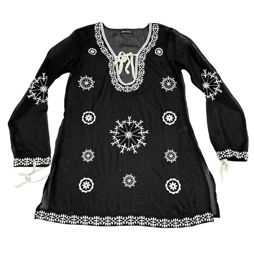 Paradise Womens Size M Black Sheer Embroidered Blouse